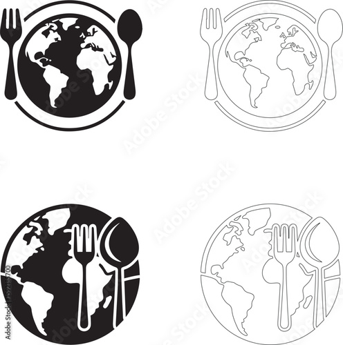 World Food Day globe with fork and spoon silhouette and outline vector icons set of four