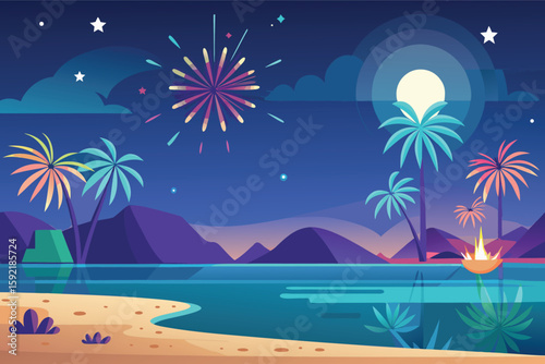 Vibrant tropical night with fireworks and palm trees