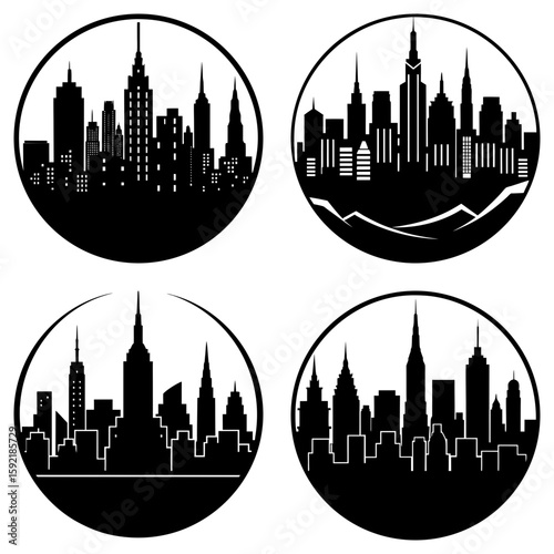 Four circular cityscapes featuring silhouetted buildings and skylines in a graphic black and white design