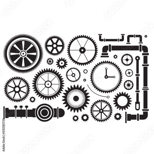 A collection of black and white gears pipes and a clock arranged in a rectangular composition design