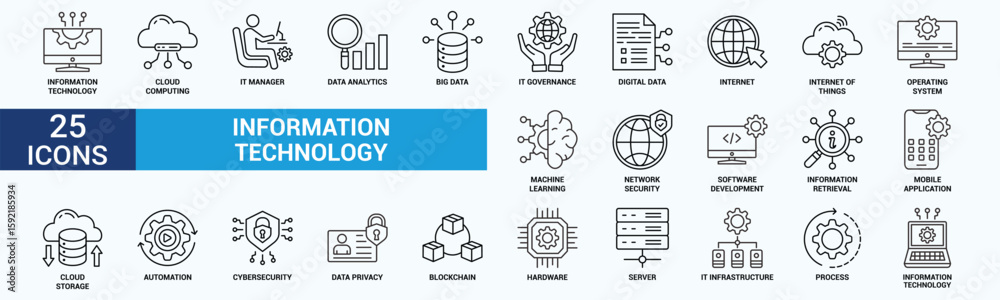 Fototapeta premium Information Technology icon set. Containing cloud computing, IT manager, big data, data analytics, internet, network security and more. Outline vector icons collection.