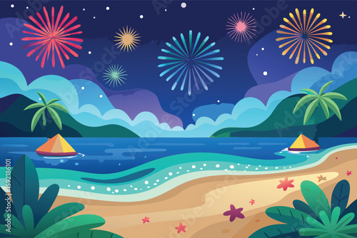 Vibrant beach fireworks celebration at night