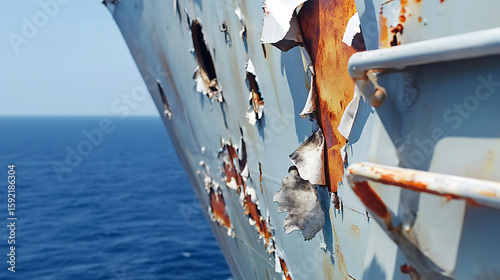 Rusting Ship Hull: Decaying metal with peeling paint and rust, exposed to the sea. Shows age and erosion of the structure against a backdrop of water.