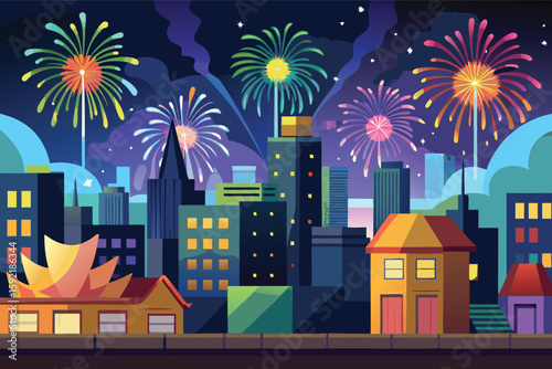Vibrant cityscape with fireworks celebration