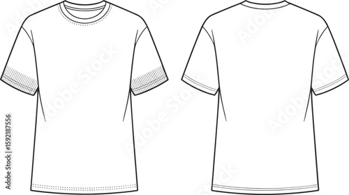 Flat technical sketch of basic unisex crew neck t-shirt with short sleeves, front and back view, minimal fashion design template.