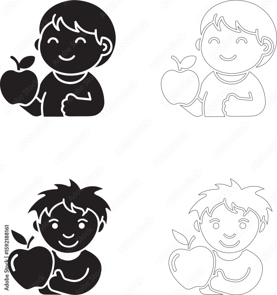 World Food Day Vector Icons of Children Holding Apples and Showing Thumbs Up in Solid and Outline Styles World Food Day Vector Icons of Children Holding Apples and Showing Thumbs Up in Solid and Outline Styles