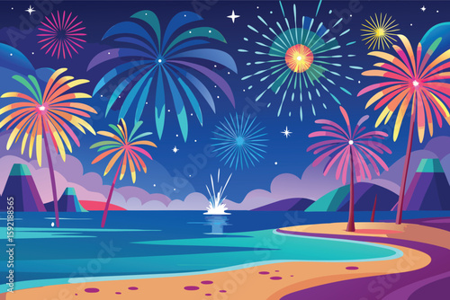 Vibrant fireworks display over tropical beach at night