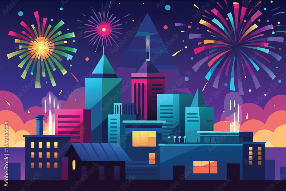 Fototapeta premium Vibrant cityscape with fireworks celebration