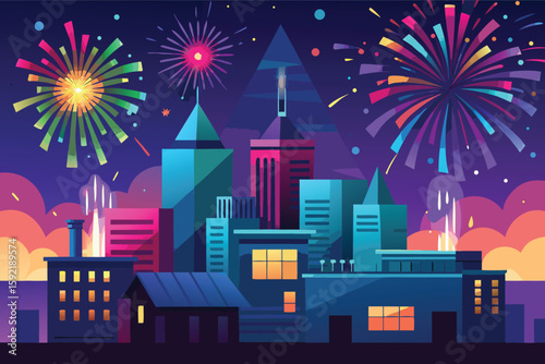 Vibrant cityscape with fireworks celebration