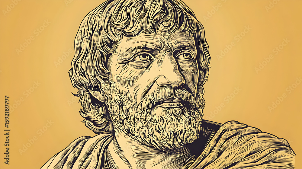 Fototapeta premium Close-up portrait of a man, likely from antiquity, with a thoughtful expression, depicted in line art style against a muted gold background. 