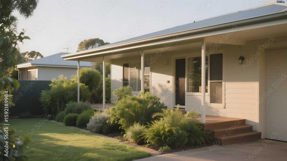 Single-story house with a porch and well-maintained garden under sunny skies Single-story house with a porch and well-maintained garden under sunny skies