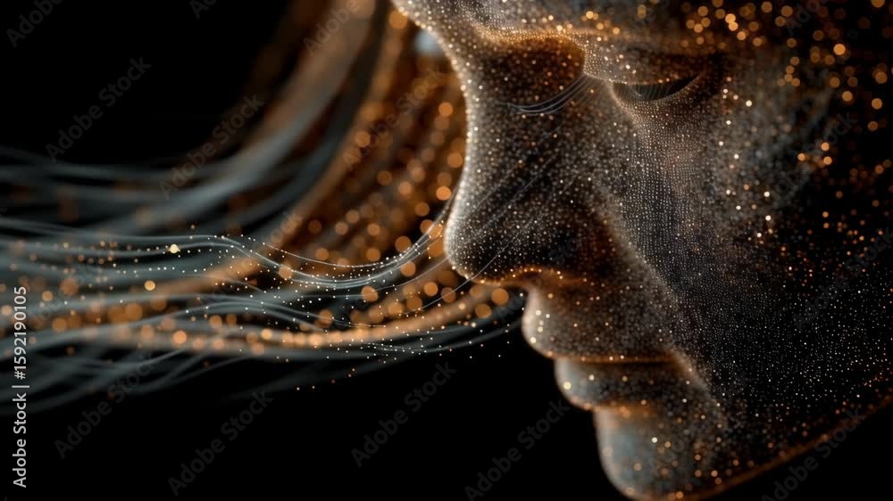 Abstract profile of man's face dissolving into golden particles. Digital art concept visualizing transformation, disintegration, or artificial intelligence. Futuristic 3D rendering.