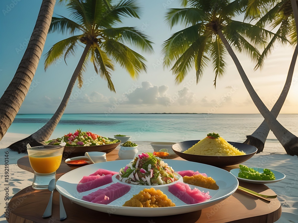 Obraz premium Tropical Beach Dinner Sunset Feast. (1)