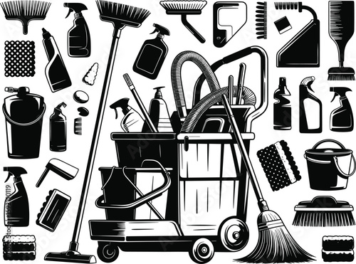 Cleaning tools, janitorial equipment, housekeeping supplies, hygiene kit, professional cleaning gear, mop, bucket, spray bottle, vacuum, sponge, vector illustration