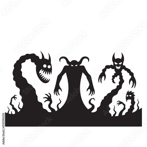 Three dark monsters with sharp teeth and claws in silhouette against a white background art illustration