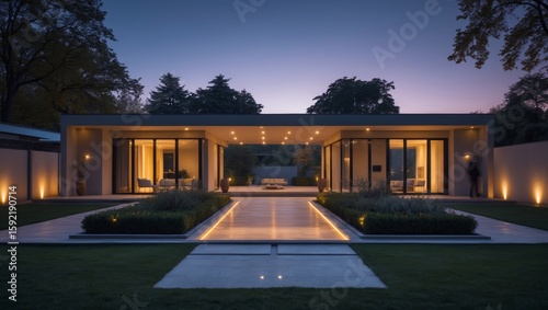 Elegant contemporary house with minimalist architecture is beautifully lit at dusk, showcasing the modern design and landscaping details perfectly.