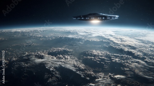 Mysterious ufo over earth: alien spaceship hovering above planet atmosphere