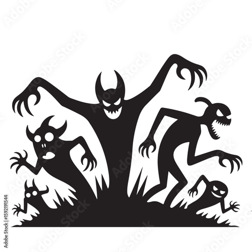 A spooky group of black silhouette monsters with claws and horns emerging from the grass in the dark