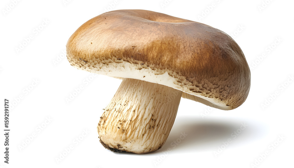 Fototapeta premium Close-up of a single whole fresh brown chestnut mushroom isolated on a white background, showing its smooth cap and hard stem.