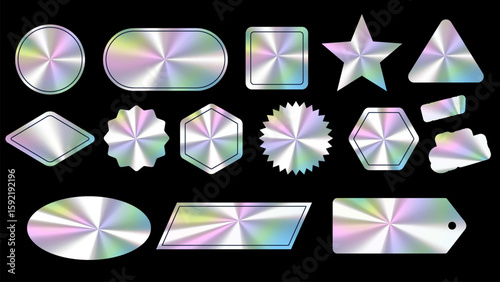 Sticker hologram emblem holographic label set. color neon stickers,Holographic label with tags.Holographic stickers. Hologram labels of different shapes. 