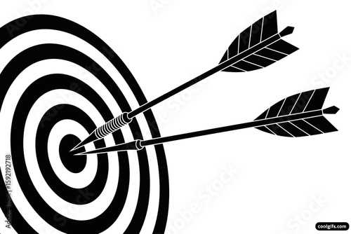 Arrows Hitting Bullseye in a Black and White Woodcut Illustration, Target Achievement