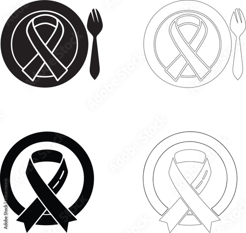 World Food Day vector icons of plates with ribbons and forks in solid and outline styles