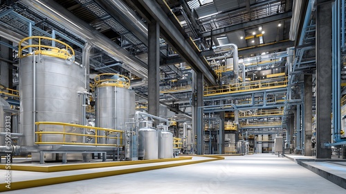 Interior of hydrogen production and processing plant, large storage tanks with pipes near. H2 manufacturing as imagined .