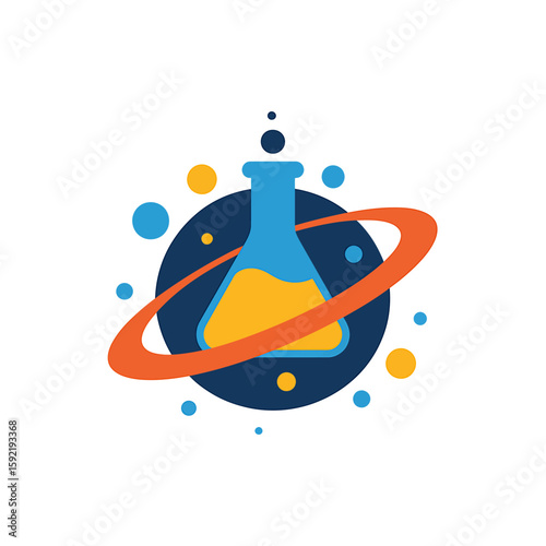 Stylized Science A modern logo design featuring a science flask and orbital ring in blue, orange, and yellow palette, ideal for innovative company branding.