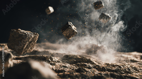 Stone fragments suspended in mid air above a rugged surface, a mystical moment captured, ethereal dust and smoke swirling around the levitating elements, creating an atmospheric and intriguing scene.