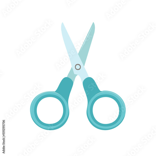 Open teal scissors shown on white. Craft or art supply with blades ready to cut and trim.