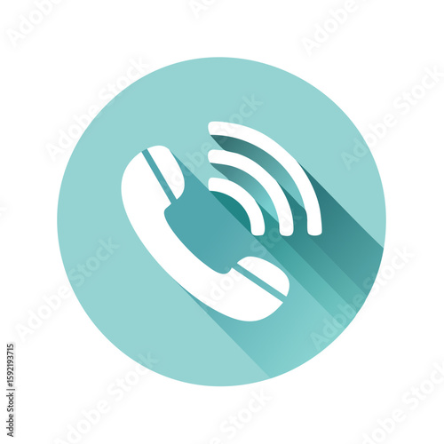 White Telephone Handset Icon with Sound Waves in Turquoise Circle for Call Center Communication Support