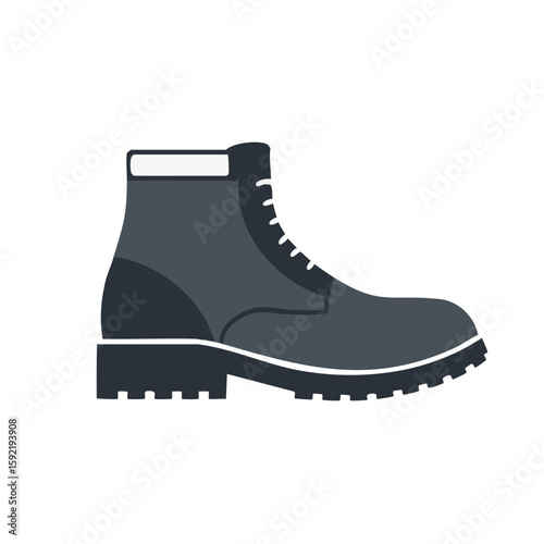Illustration of a gray leather work boot with white laces and lug sole, side view