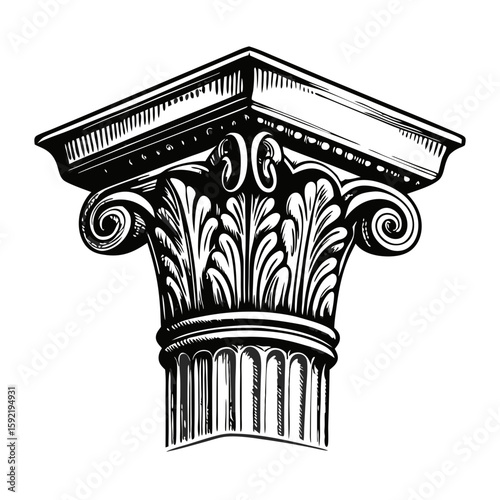 Classical column capital depicted in monochrome engraving, featuring elaborate acanthus leaves and spiral volutes. Classical column capital adds architectural flair to any design project.