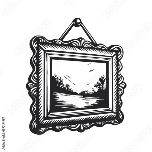 Ornate framed oil painting art hanging on wall with a vintage engraving style. Ornate framed oil painting art features detailed frame, textured lines, and landscape.
