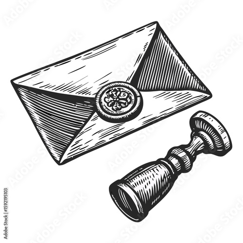 Vintage engraving style depicts sealed envelope and wax seal on a white background, featuring hand-drawn style and antique letter. Sealed envelope and wax seal.