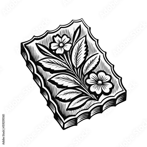 Botanical engraving stamp features floral ornament with flowers and leaves on textured background. Botanical engraving stamp evokes a vintage aesthetic, perfect for scrapbooking or crafting.