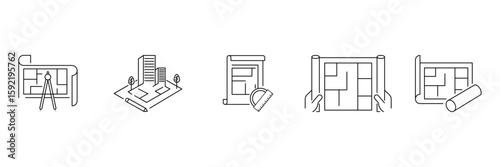 Architectural blueprint drawing and site planning concept icon vector for design engineering layout sketch measurement technical civil building project.