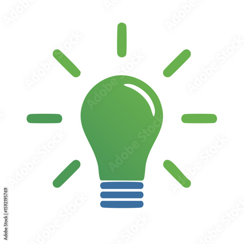 Isolated Green Lightbulb Icon with Radiating Energy Beams, Blue Base