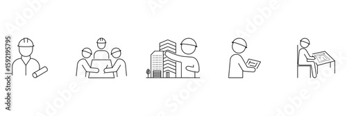 Engineer teamwork planning construction project with architectural supervision and drawing icon vector illustration for civil building site development concept layout.