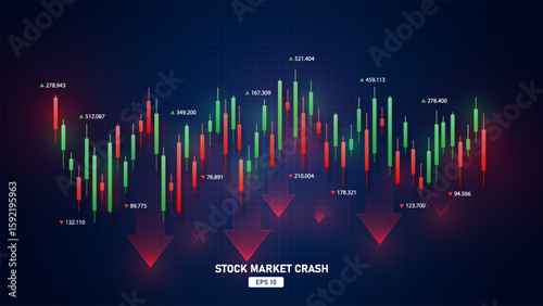Stock Market Crash background. Drop down red arrow business market crisis on world map red dark background. Crisis economy and investment loss graph.