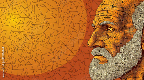 Wallpaper Mural Mature man's profile,  aged skin texture,  sunlit background with cracks.  Detailed illustration of weathered face, long grey beard Torontodigital.ca