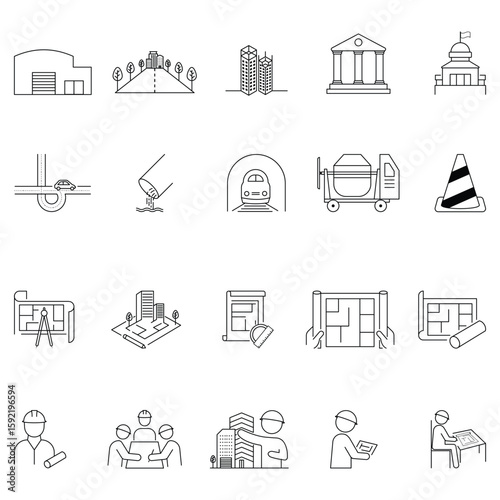 Urban planning architecture construction icon pack with engineering tools design infrastructure blueprint civil project site development symbol outline.