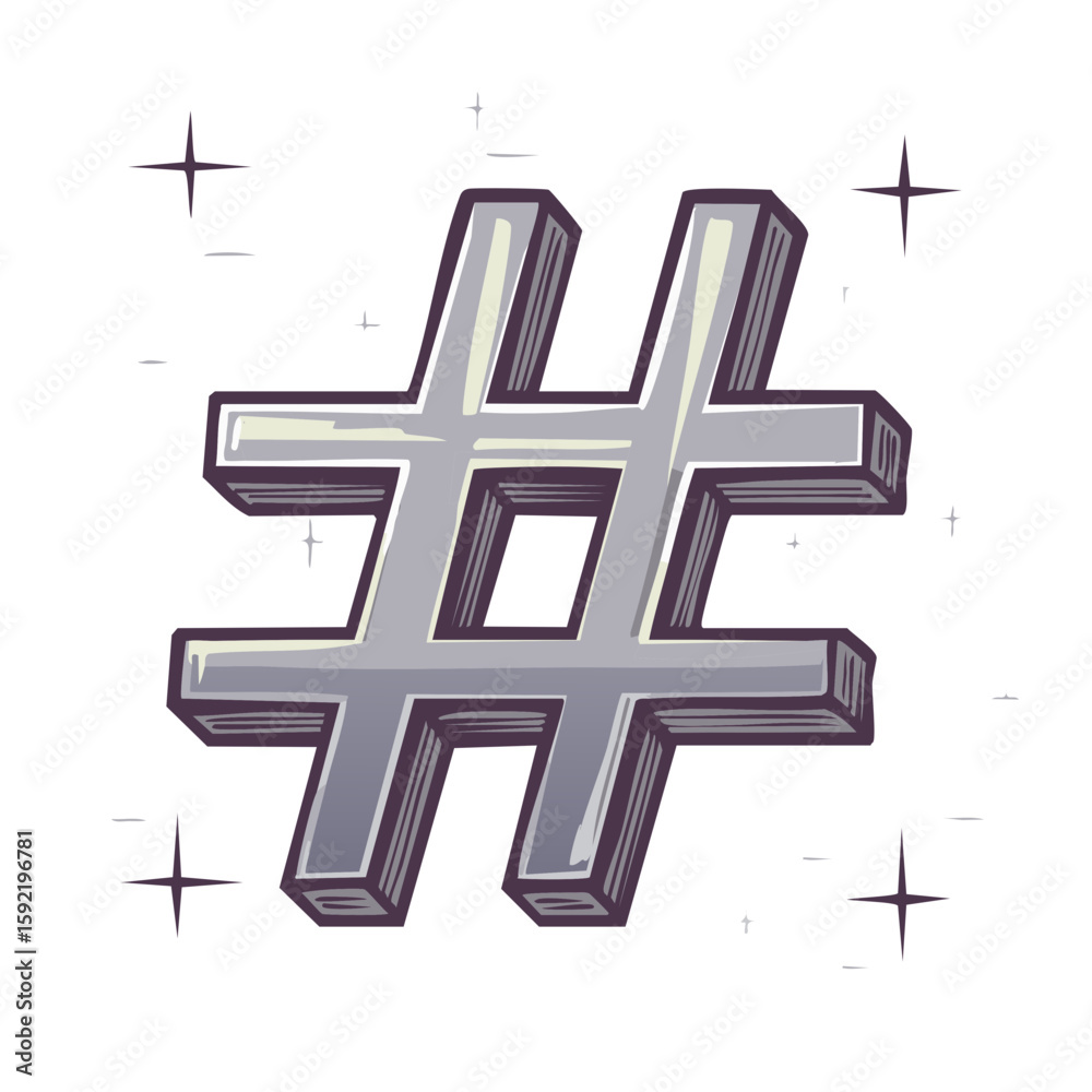 Obraz premium Cartoon Hashtag Symbol Illustration Metallic Silver Hue and Dark Outline