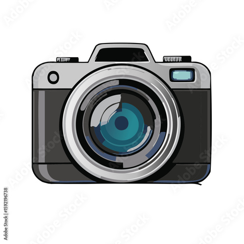 Illustration of digital camera with lens, flash, and optical viewfinder for photography content creation and travel hobby concepts