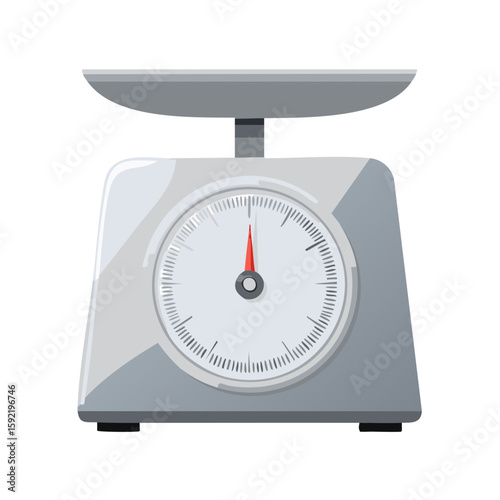 Kitchen Scale Cartoon. Metallic Grey Weighing Scale with Analog Display, Measurement Tool