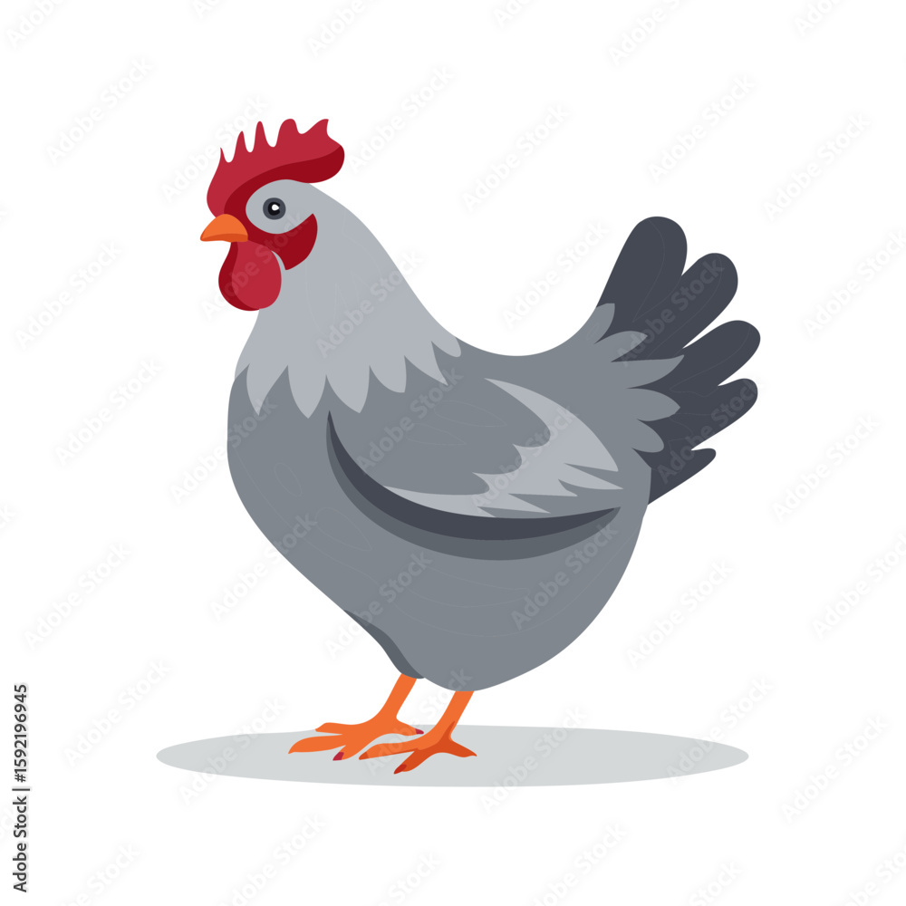 Fototapeta premium Isolated grey hen vector illustration on white with red comb, cartoon poultry fowl