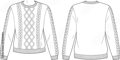 Technical flat sketch of cable knit sweater with front and back views, round neck, ribbed cuffs and hem, winter fashion garment.