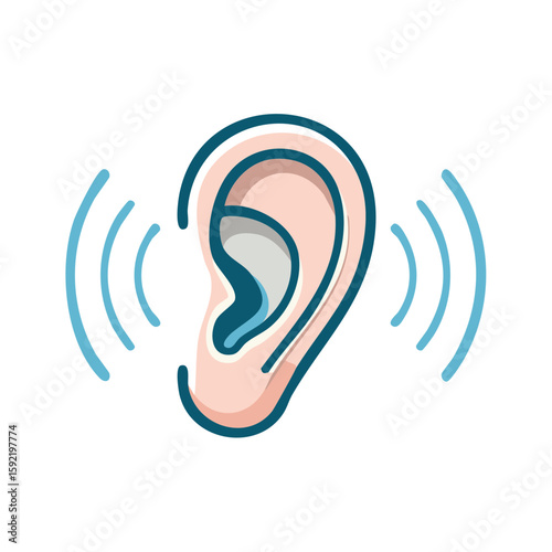 Hearing Awareness Icon Illustration of Listening Ears with Sound Waves Radiating Outward