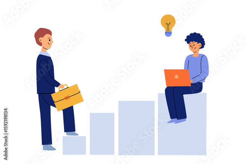 Investor helps businessman with money sitting on profit chart. modern vector illustration of man with laptop and man with briefcase climbing chart.