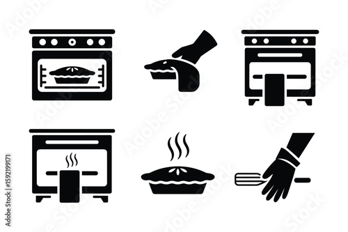 Baking pie in oven removing pie from oven pie with steam and oven mitt with utensil